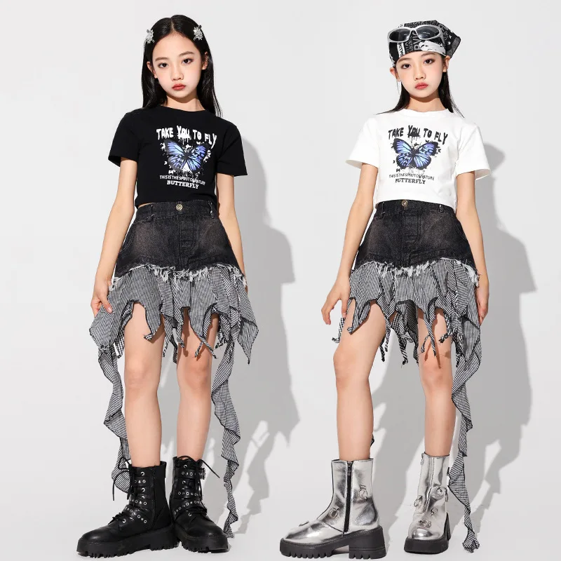 

Kid Kpop Hip Hop Clothing Butterfly Crop Top T Shirt Black Denim Checkered Ruffled Hem Skirt for Girl Jazz Dance Costume Clothes