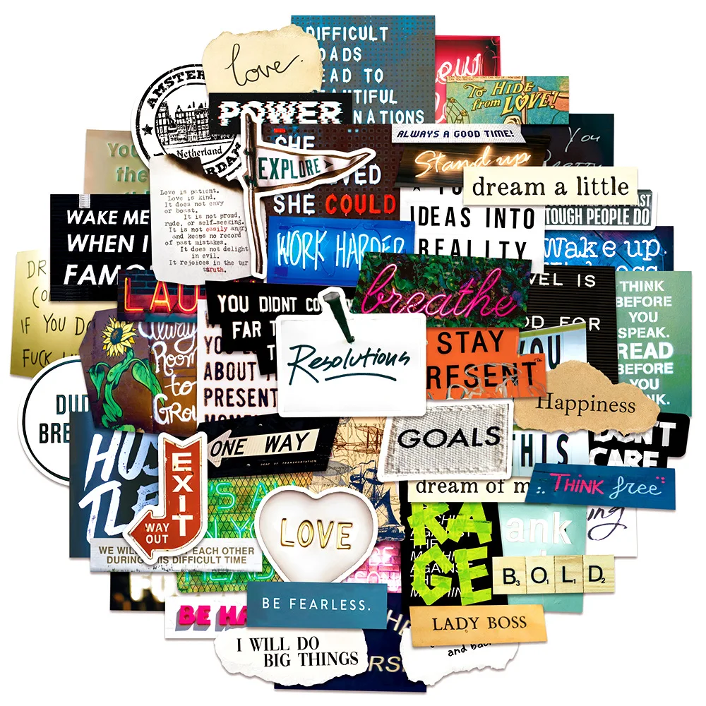 10/60pcs Inspirational English Words Stickers for Notebook Scrapbooking Craft Supplies Vintage Motivational Phrases Sticker Toy