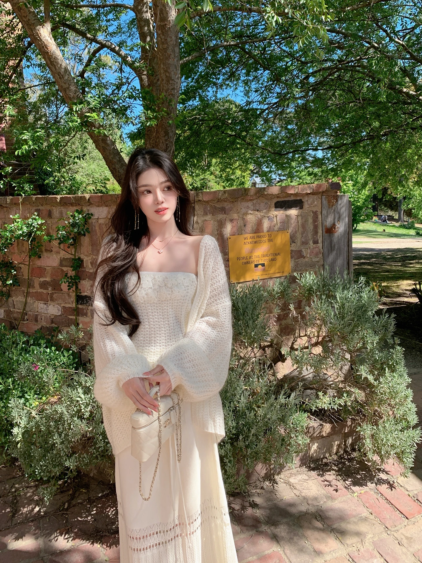 ByYou Spring Lantern Sleeve Cashmere Wool Knitted Open Cardigan Outerwear Set Women's White Strapless Top Two-Piece Set - view 2