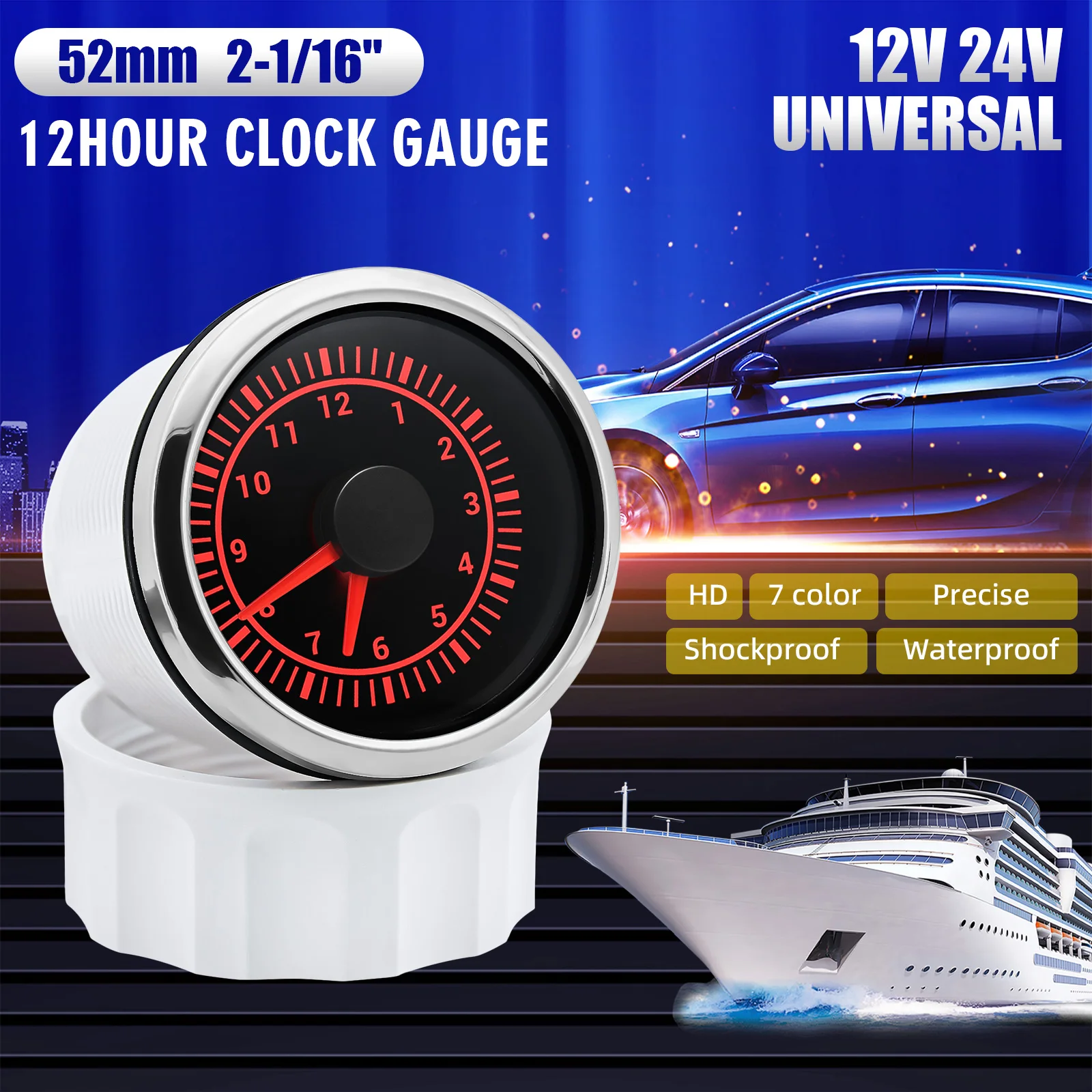 2 Inch 52mm Analog Clock Gauge 7 Color Backlight 12-Hour Time Meter Waterproof for Vehicle Marine Boat Yacht RV Truck Dashboard
