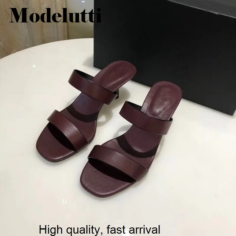 

Summer 2023 New Fashion Genuine Leather Stiletto Mid High Heel Open Toe Women Sandals Solid Color Simple Shoes Female