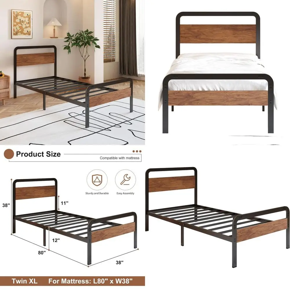 

12, сверхмощный металлический каркас кровати Twin XL с деревянным изголовьем, изножьем, без коробчатой пружины, простая сборка, черный, бесшумный