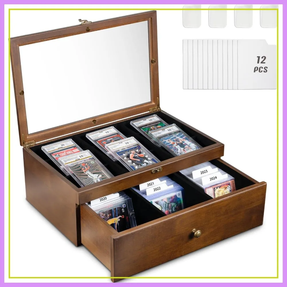 

70+ Graded Card Storage Box with Custom Drawer, Wood Display Case with Clear Window for Sports TCG/Mtg Collection