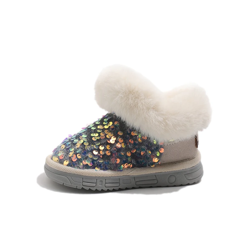 Botas de nieve para niños con lentejuelas brillantes, zapatos de algodón para niños nuevos de moda de estilo coreano para invierno 2025, mantienen el calor y el deslizamiento