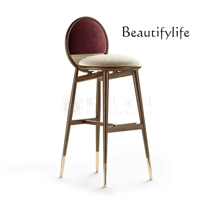 D29 Modern Chinese Solid Wood Rattan Bar Chair Nordic Light Luxury Designer Bar Chair Sales Office Front Desk High Chair Bar Sto