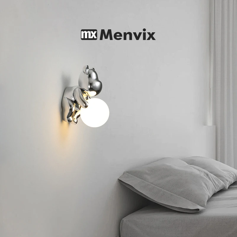 Cartoon Luxury Chrome Bear Wall Light For Bedroom Bedside Lighting Resin Bear Acrylic Sconces Children's Room Wall Lamp for Kids view 2
