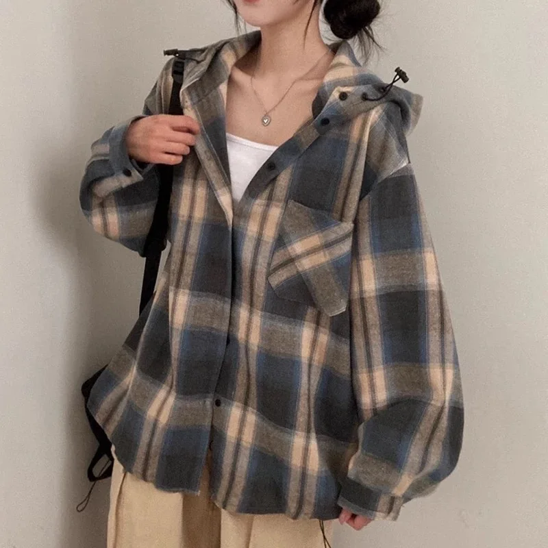 Clothland Women Elegant Plaid Hooded Jacket Oversized Style Long Sleeve Checkered Outwear Shirt Loose Coat Mujer CB115