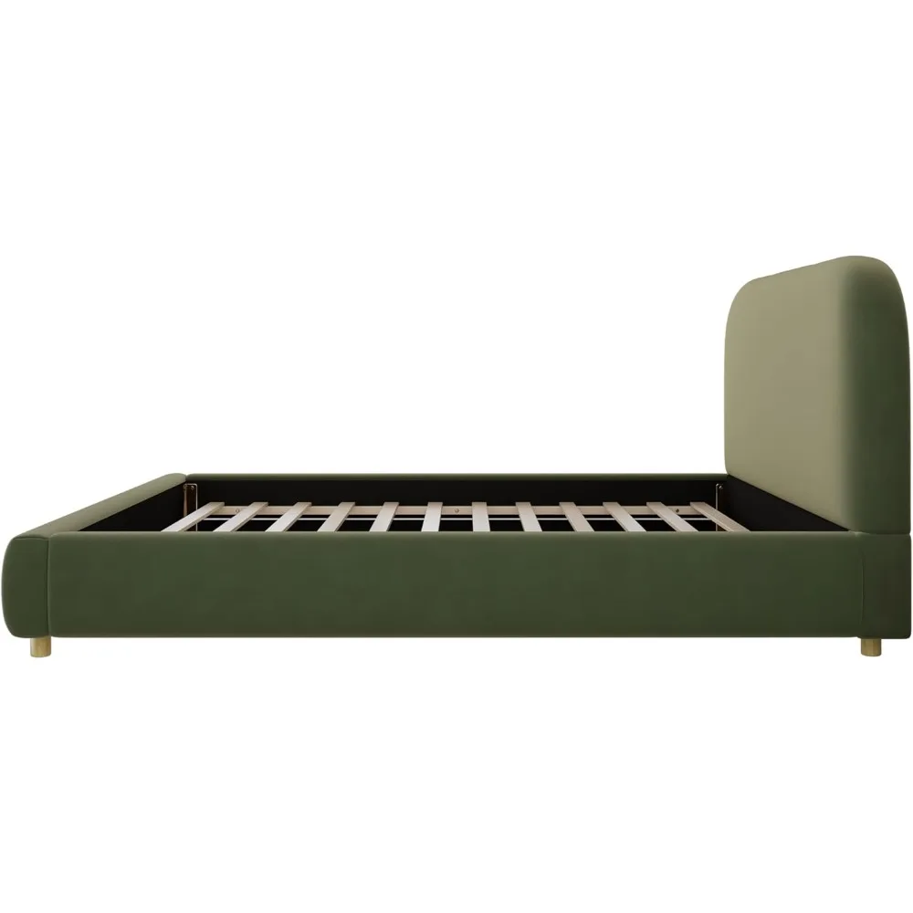 سرير بمنصة منجدة من القماش المخملي بحجم كوين من Merax مع لوح رأسي منحني، إطار سرير خشبي مع أرجل مستديرة صلبة لـ K