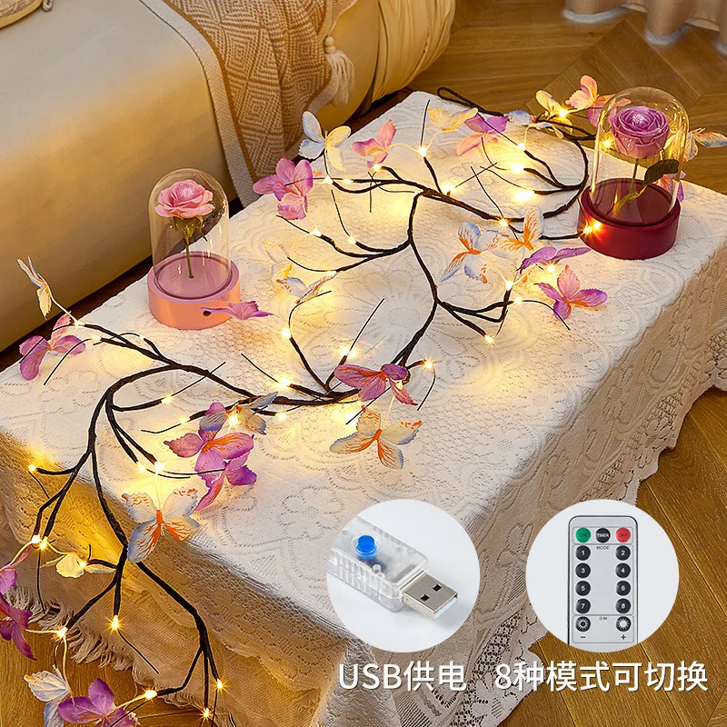 Borboleta decorativa LED luz de fada, vime dobrável, plug-in USB, lâmpada pendurada para festa de casamento, atmosfera romântica