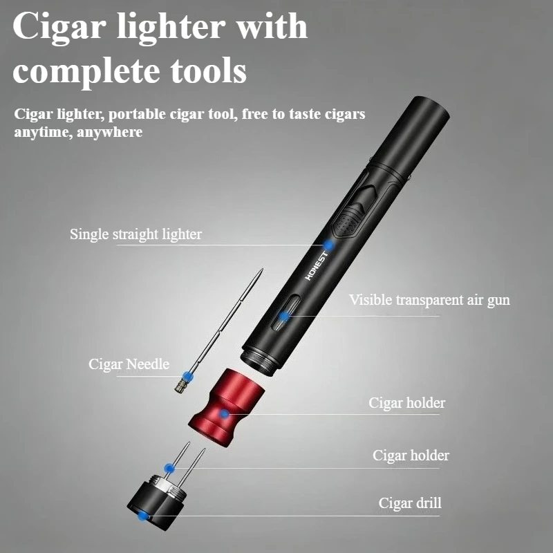 Pen Shaped Cigar Lighter, 5 in 1 Butane Lighter With Punch, Draw Enhancer, Holder and Twin Nubber, Refillable Windproof Torch