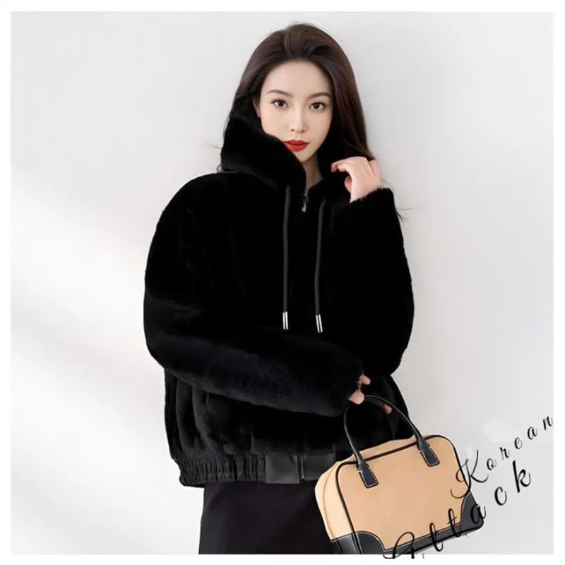 2026 women's new Korean version imitation rabbit fur coat winter women's imitation fur loose hooded elastic hem leisure jacket