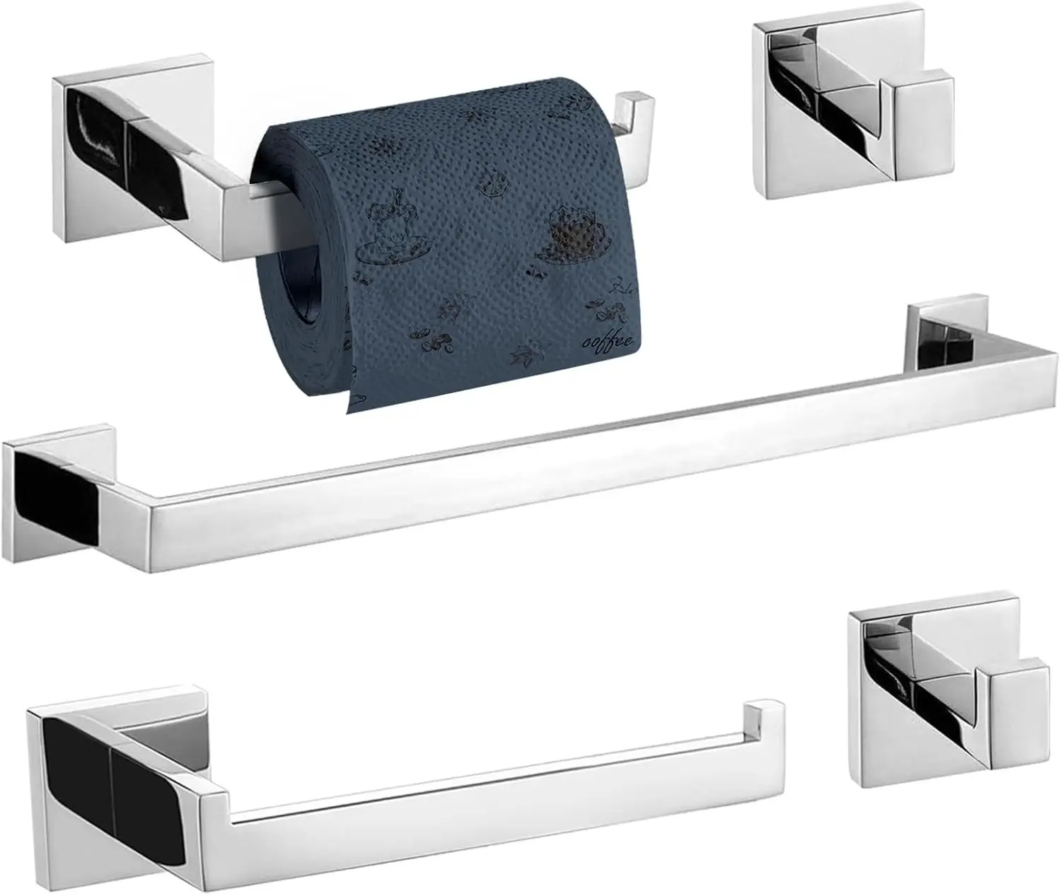 

5-Piece Stainless Steel Bathroom Hardware Set with Towel Rail, Tissue Holder, and Hooks