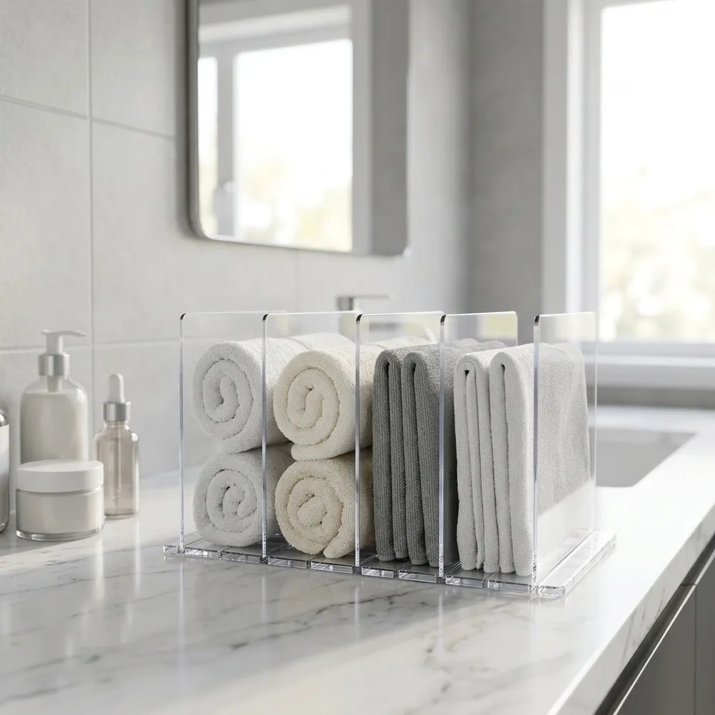 Vertical Towel Divider PET Material 4 Interlocking Slots for Rolled Towels Transparent Design 31.5x23.9x20cm Easy Install
