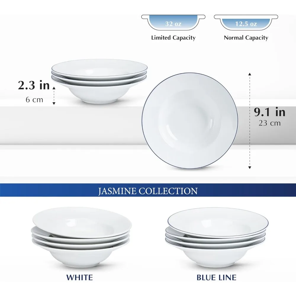 Conjunto de 6 tigelas de macarrão de porcelana branca – ideais para sopa e saladas rasas, além de 9 tigelas de jantar com borda azul para servir, adequadas