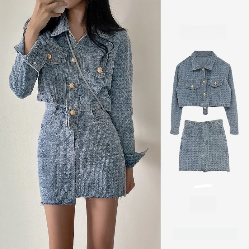 

Весенний комплект в сладко-остром стиле: элегантная джинсовая куртка и юбка в стиле буильбайс, маленький размер, женский модный комплект из двух предметов