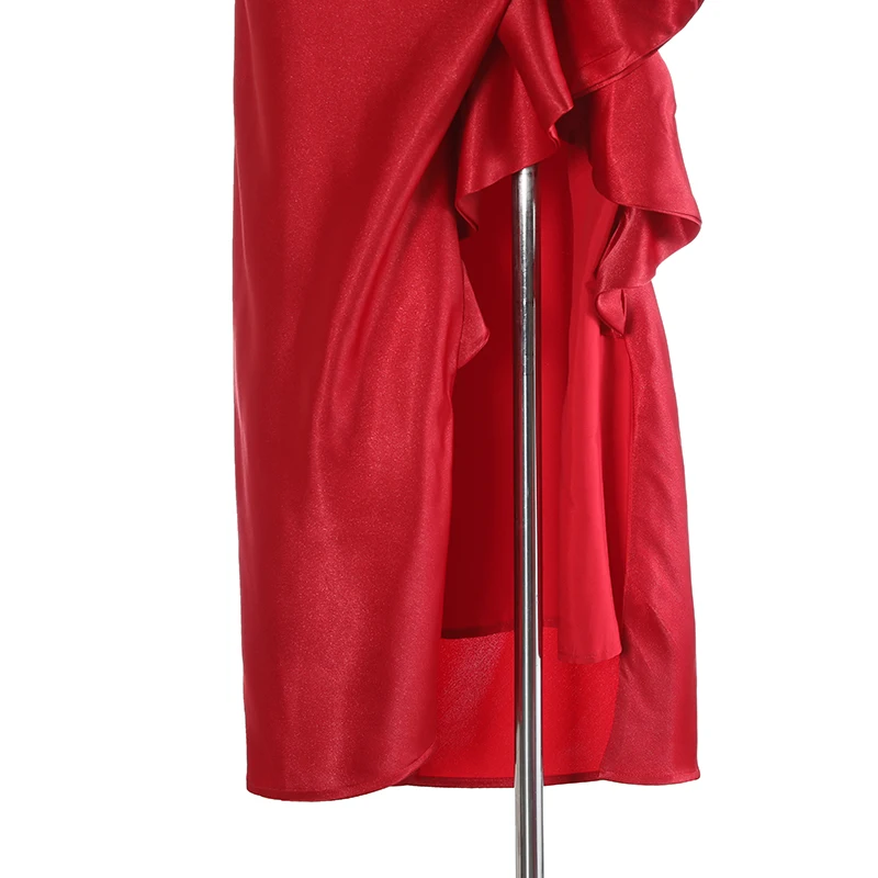 Jupe Longue en Satin Rouge pour Femme, Taille Haute, Coupe Cintrée, Élégante, Fendue, Fourche Irrégulière, Sexy, Hanche, Buste, Bord à Volants, Automne 2024