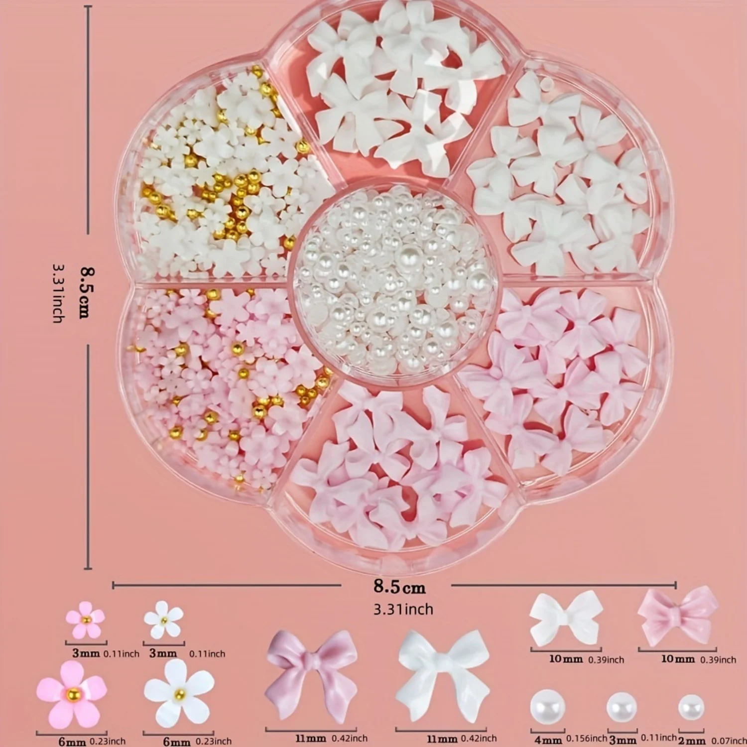 7 grille mixte acrylique nœud papillon 3D Nail Art décorations fleur résine breloques perles Caviar perle mixte strass accessoires en boîte