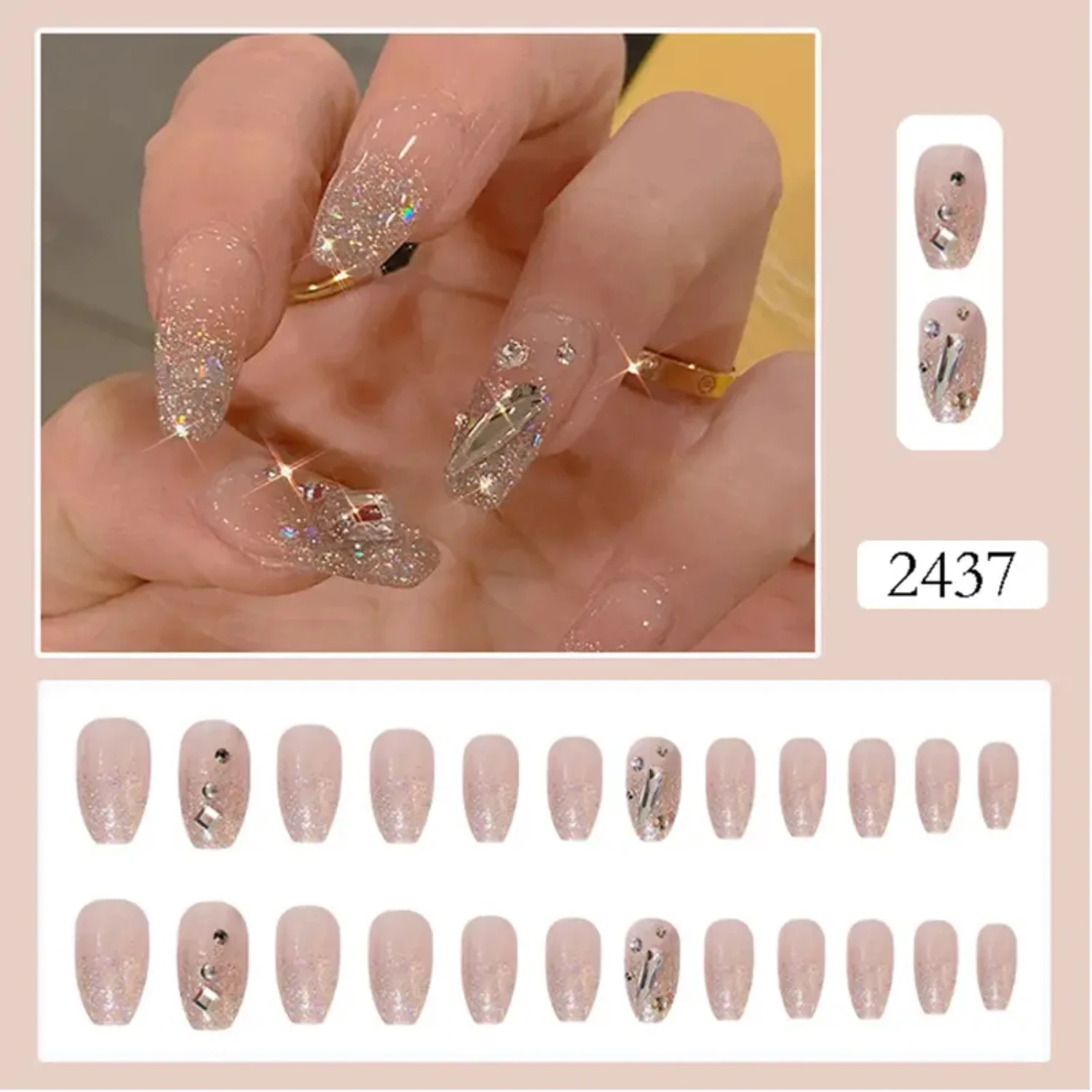 Medium Press On Nails Set With 3D Rhinestones, Beautiful Coffin Fake Nails, Glossy Ballerina Acrylic Nails, Sparkly Glitter Fals