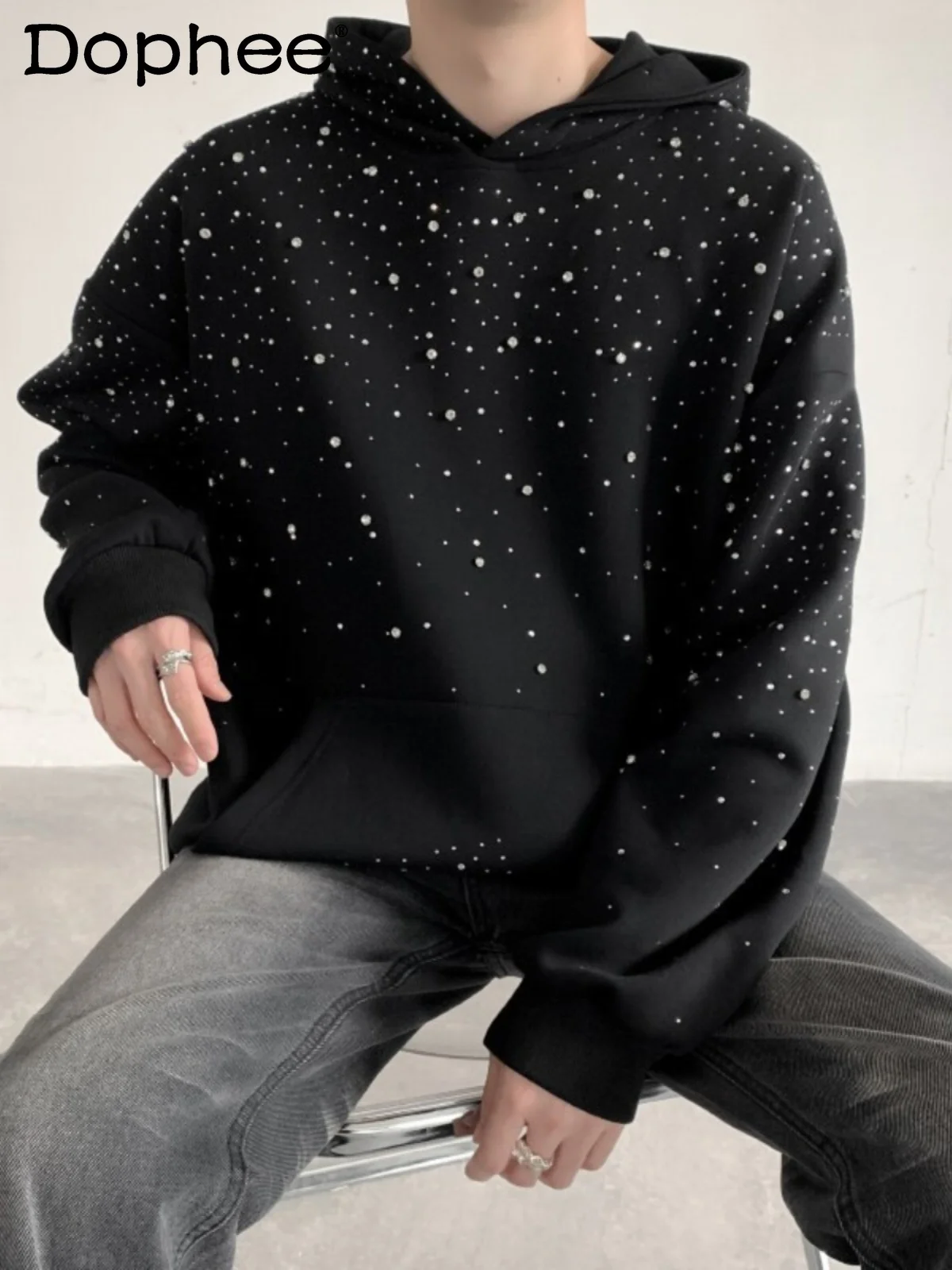 

Winter New Starry Heavy-duty Rhinestone Hooded Sweatshirt Stylish Loose Casual Jacket for Men