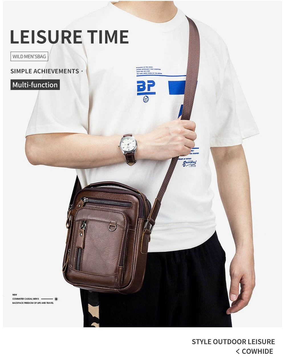 Leather shoulder bag head layer cowhide men's cross-body bag multi-function hand diagonal span shoulder bag