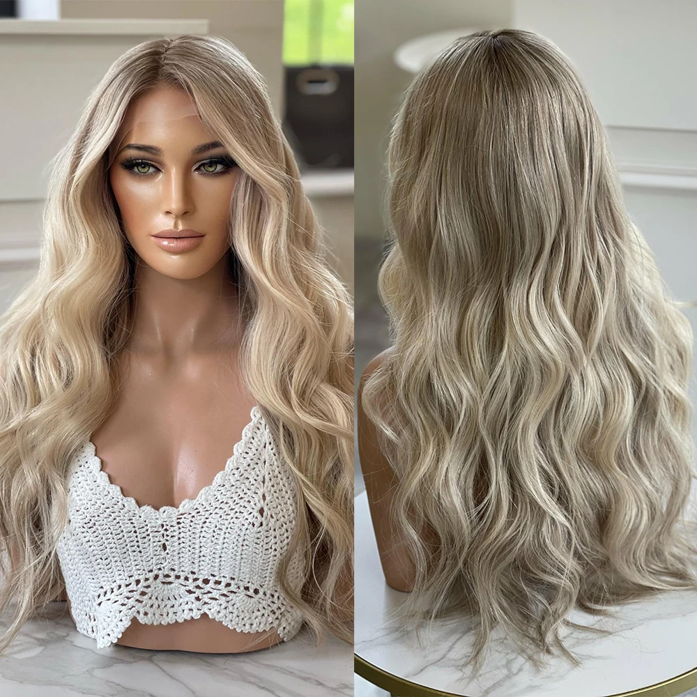 

Ash Blonde Full Lace Human Hair Wigs 28" 200% Thick Body Wave Women Wigs Glueless 13x6 HD Lace Frontal Wig Bleached Knots