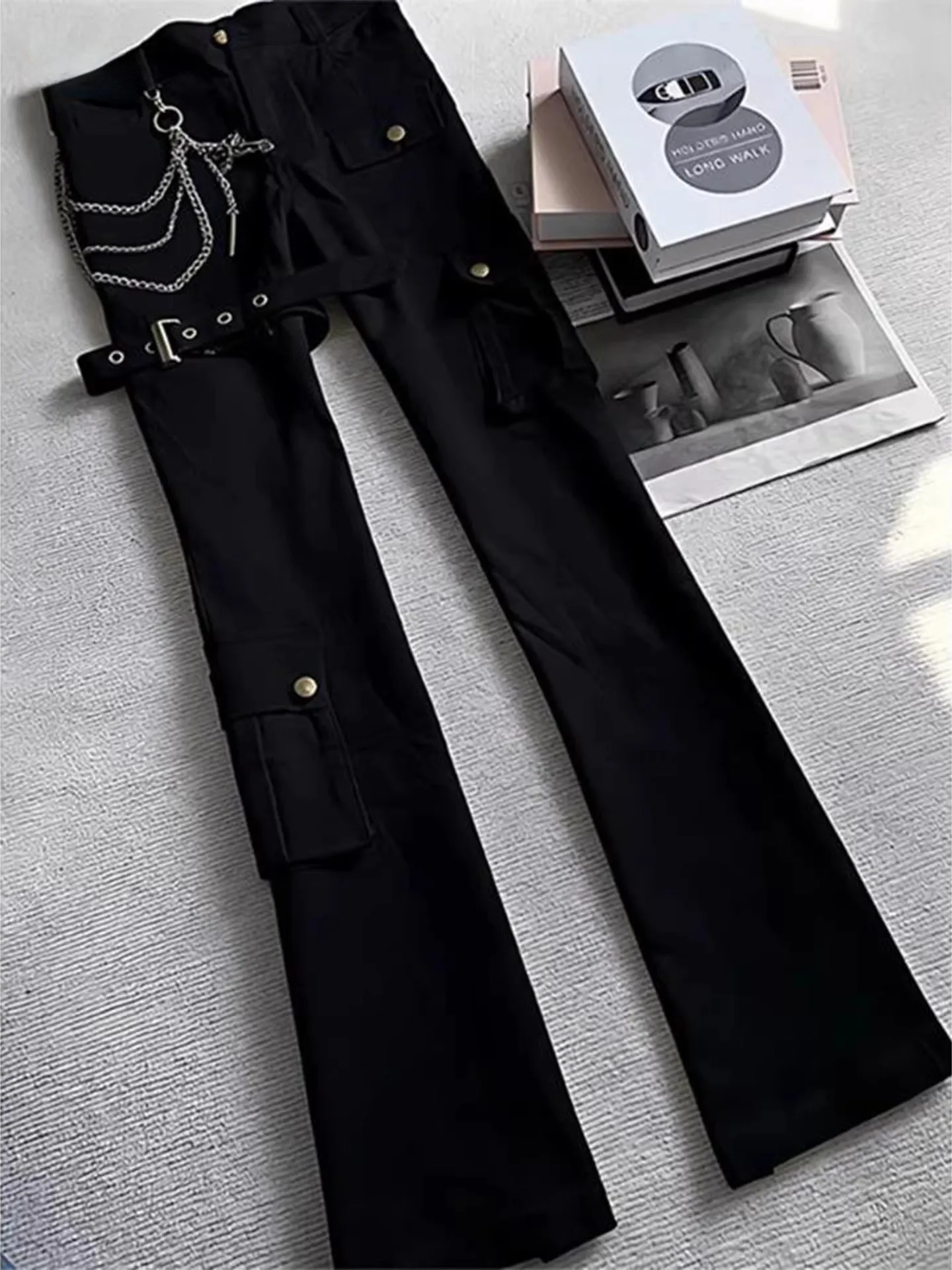 High Street Belted Flared Workwear Jeans Men's American Vibe Straight Multi Pocket Trousers Lift Slim Fit Jeans Casual Wear