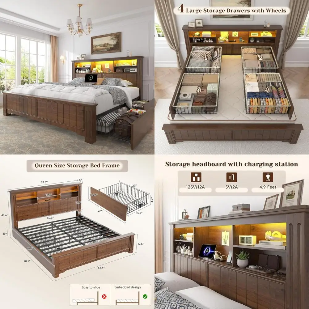 queen size bed frame with headboard, storage, 4 drawers, and led charging station