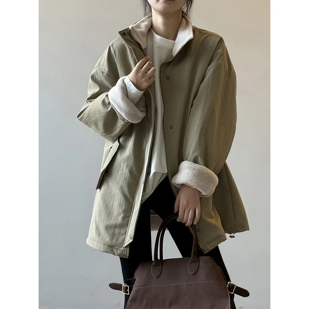 

Lamb wool workwear style overcomes women's autumn and winter design sense with warm and versatile stand up collar jacket inside