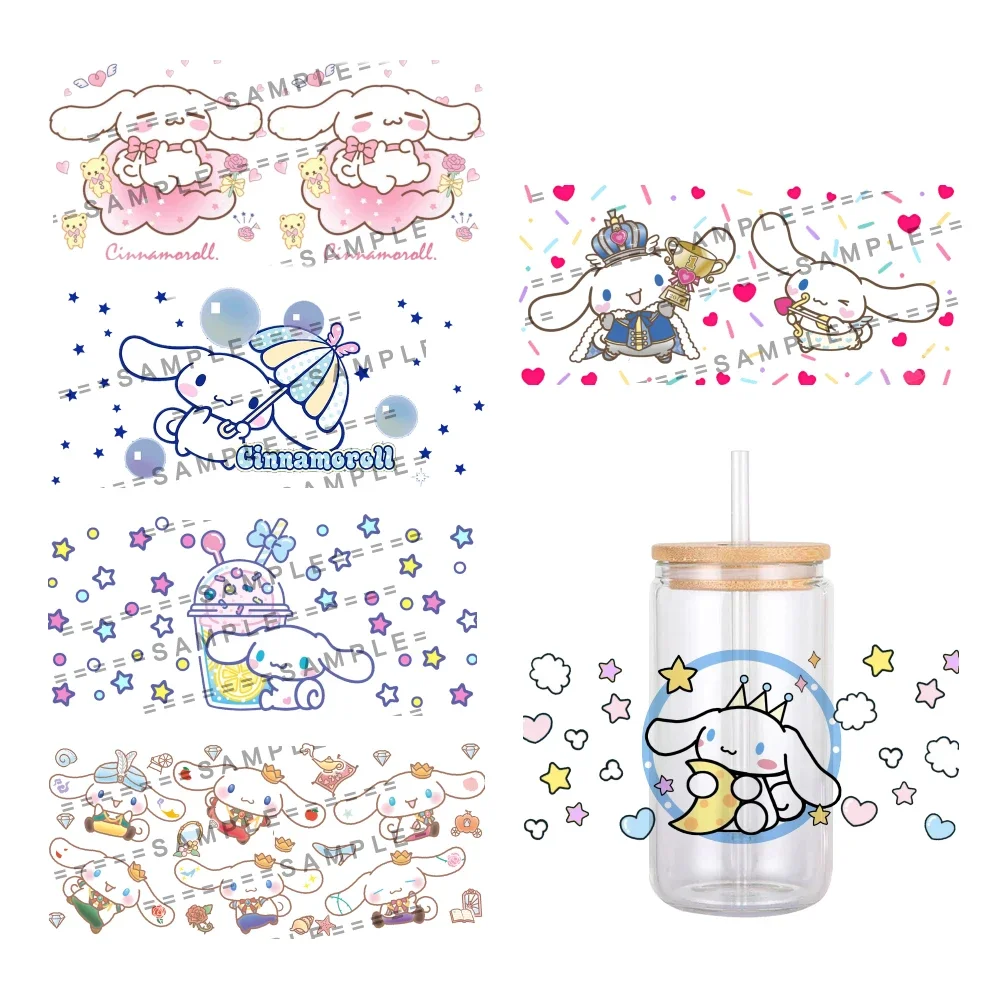 Sanrio Cinnamoroll Dogs Pattern UV DTF Transfer Sticker Waterproof Transfers Decals For 16oz Glass Water Bottle Sticker