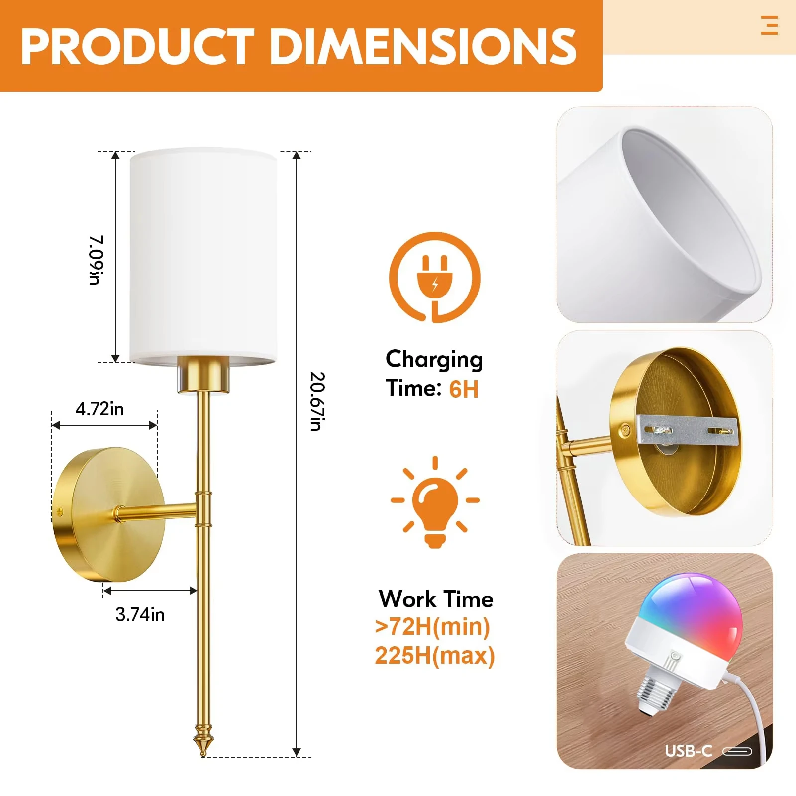 Battery Operated Wall Sconce Set of 2, Gold Wireless Rechargeable Wall Lights with 2200mAh Dimmable Detachable Bulbs and Remote
