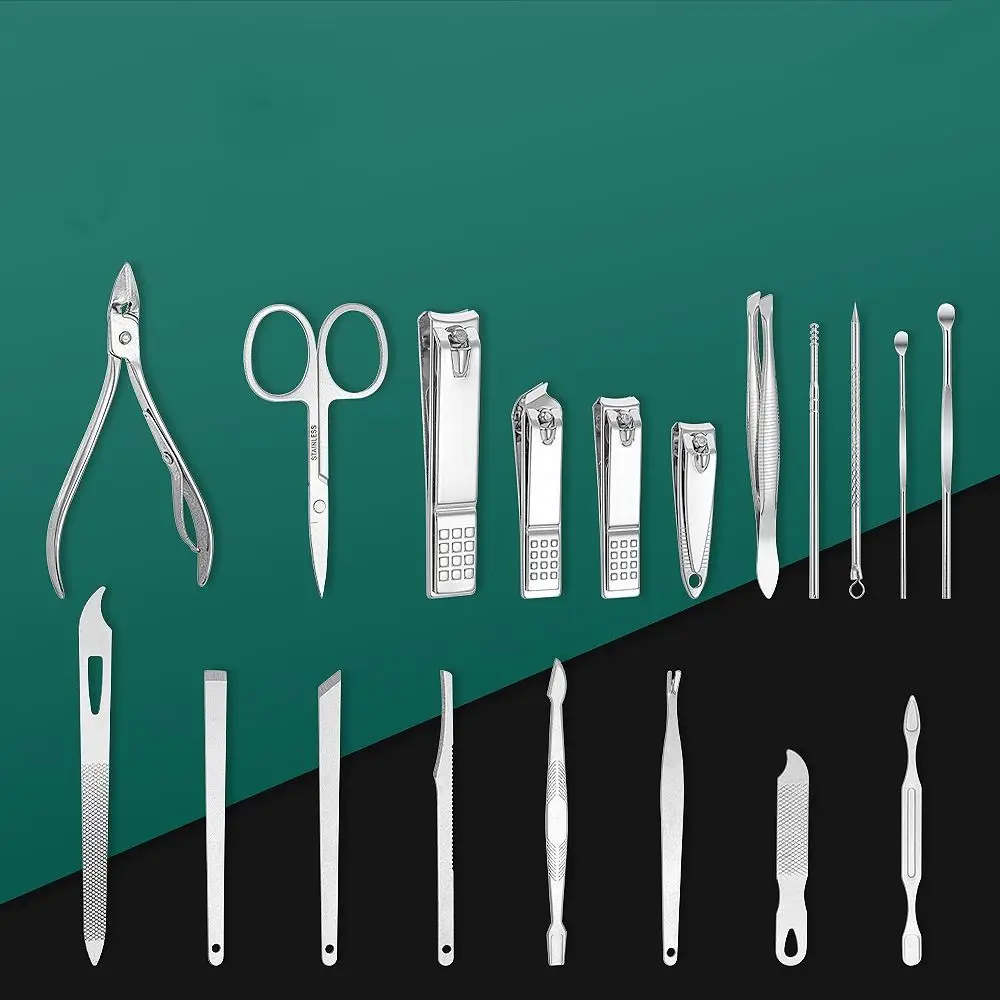 19Pcs Simple Stainless Steel Nail Clippers Set Foot Trimming Home Nail Sanding Tool Leather Sleeve Beauty Nail Care Kit Gift
