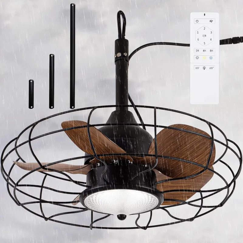 Outdoor Ceiling Fans for patios waterproof, 20'' IP65 Gazebo Fan with Light, Wet Rated and Plug In, Hanging with Hook