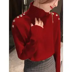 All-match Solid Color Pullover Long Sleeve Women's Clothing Autumn Winter High-neck Screw Thread Sweater Knitted Elegant Tops