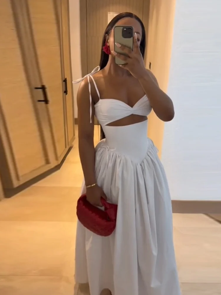 Hollow Out Maxi Dress High Waist Slim Fit A Line Halter Robe Lace Up Party Long Vestidos 2025 Women Dresses Club Gowns Dresses