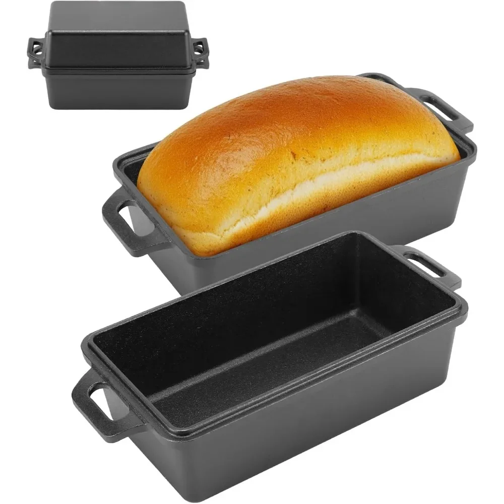 9×5 Inch Cast Iron Loaf Pan with Lid 2‑in‑1 Heavy‑Duty Oven‑Safe Loaf Pan for Sourdough Homemade Bread Cake and Meatloaf Pans