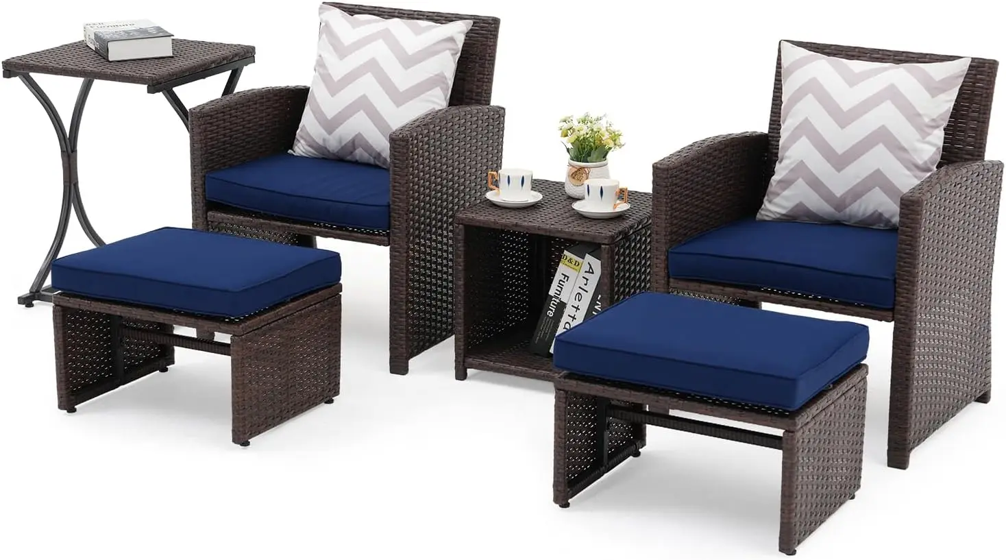 

6 Piece Patio Wicker Furniture Set, Balcony All Weather Rattan Chair, with Space Saving Ottoman, Resin Nesting Coffee Table