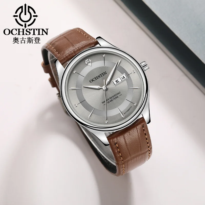 ساعات OCHSTIN للرجال بحركة ميكانيكية أوتوماتيكية، ساعة يد بحزام جلدي للرجال، ساعة عصرية مقاومة للماء يوميًا