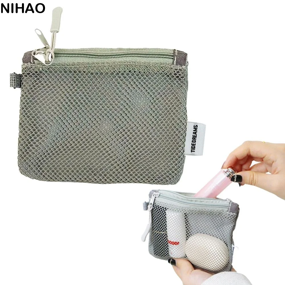Double Zipper Mesh Storage Bag Large Capacity Double-layer Mini Makeup Pouch Square Space Saving Travel Cosmetic Organizer