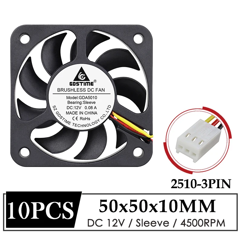 10pcs Gdstime 5010 DC Brushless Axial Fan 50*50*10 12V 3Pin Industrial Cooling Fan 50mm Cooler for Power Supply Cooling