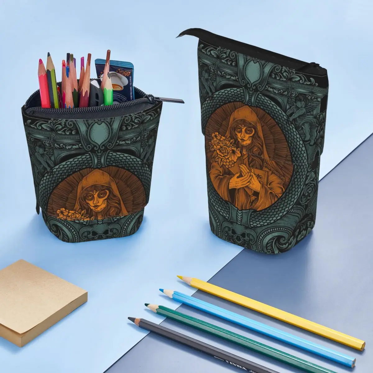 Mulher De Açúcar Crânio Com Gravura Ornamento Quadro Pen Box Estudante Escola Zipper Pen Bag Pencase Vertical Retrátil Lápis Caso