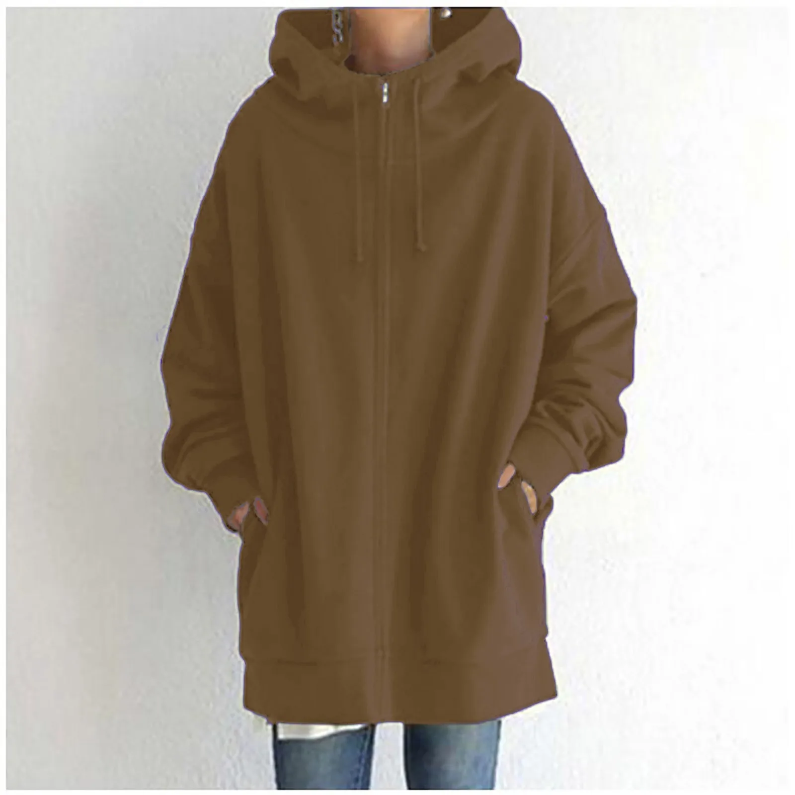 

Women Overcoat Fashion Loose Solid Color Warm Street Wear Pocket Zipper Drawstring Long-sleeved Hoodie Collar Jacket For Ladies