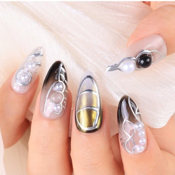 

10 Pieces Handmade False Nails Almond Style False Nails/Shiny Pearls/Hand Painted Stripes/Smudged Dye