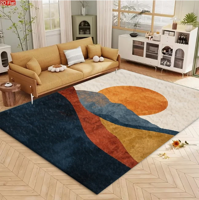 Mid‑Century Abstract Curved Shape Area Rug Navy Orange Rust Non‑Slip Carpet Floor Mat for Living Room Bedroom Home Decor