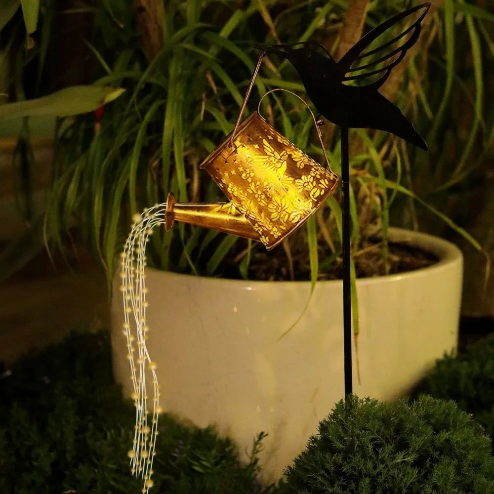 Solar Powered Hummingbird Kettle Light Ground Mounted Courtyard Light Outdoor Wrought Iron Spray Pot Garden Light  Decorative