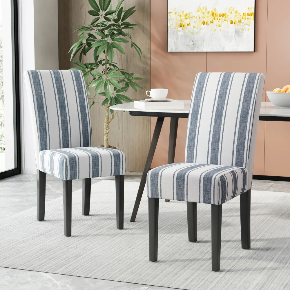 Christopher Knight Home Upholstered Striped Fabric Dining Chairs, Set of 2, Parsons Side Chairs with Wood Legs, Blue White Stripe