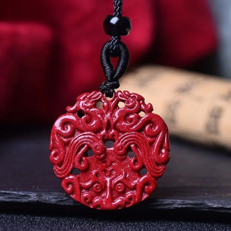 

Fashion Cinnabar Jade Dragon Pixiu Pendant Necklace Jewellery Chinese Hand-Carved Healing Women Man Luck Gift Sweater Chain