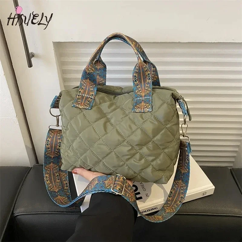 New Women Wide Shoulder Belt Handbag Fall/Winter Rhombus Space Cotton Shoulder Bag Large Capacity Shopping Tote Crossbody Bag