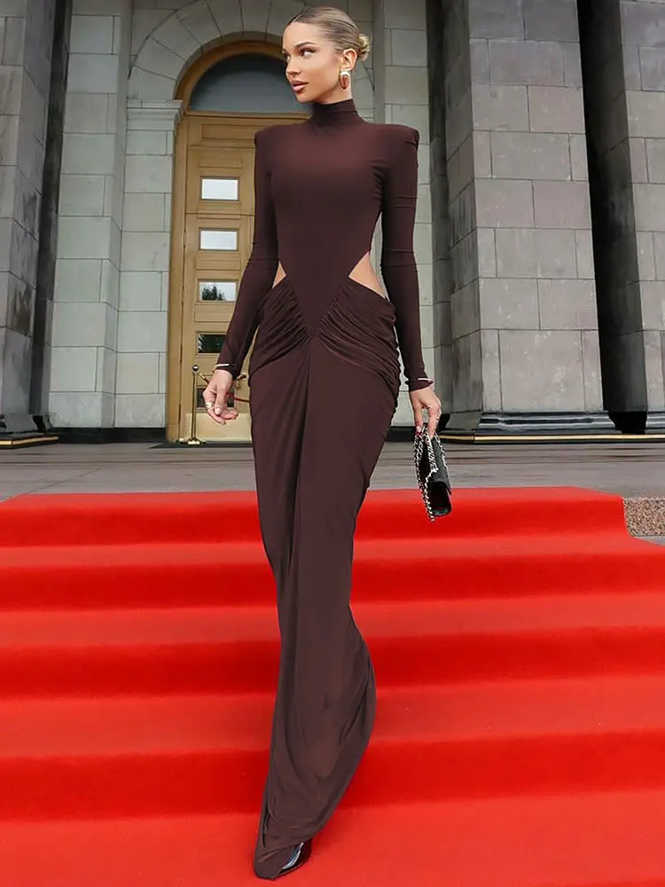 GACVGA Abito lungo sexy a maniche lunghe con collo alto da donna Elegante autunno inverno Abiti lunghi da festa aderenti con volant increspato