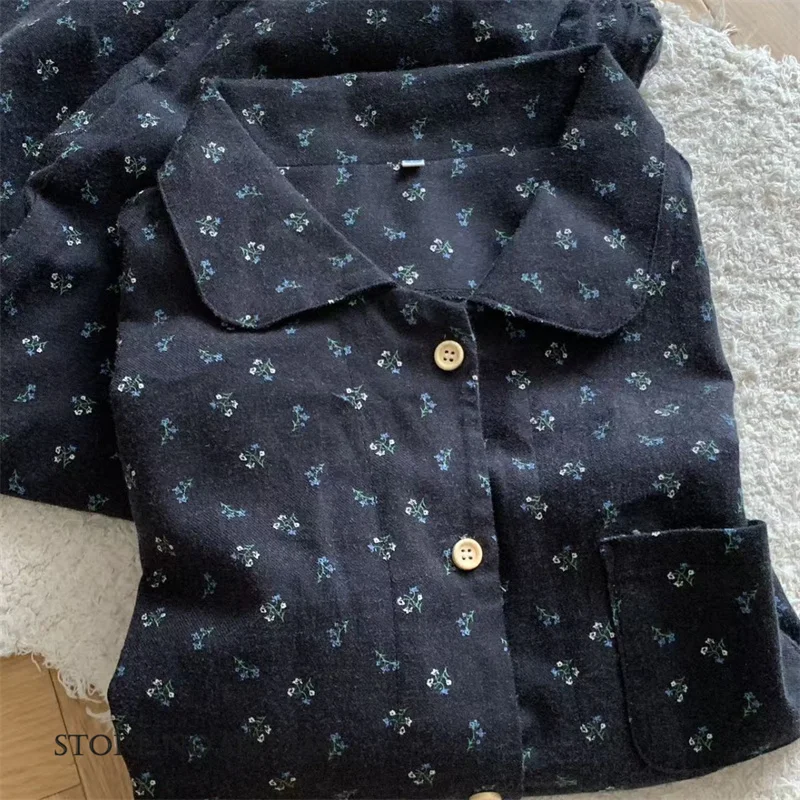 

Spring Autumn New Female Pajamas 2PCS Set Brushed Cotton Homewear Sleepwear Comfortable Print Flower Loungewear Loose Pyjama PJS