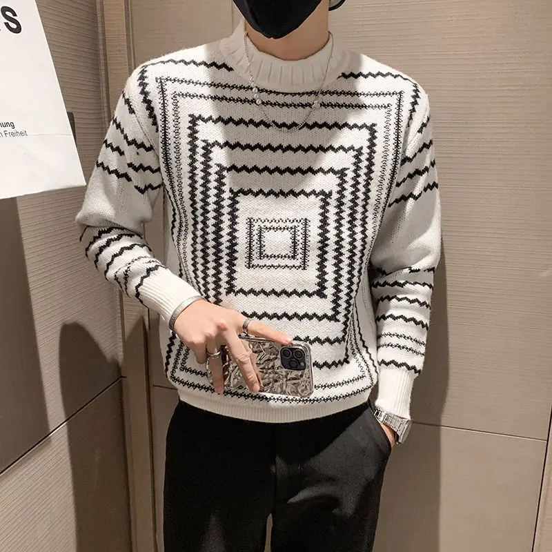 

Knit Sweater Male White Striped Pullovers Men's Clothing Collared T Shirt Sweat-shirt Knitwears Heated Korean Autumn Clothes Fun